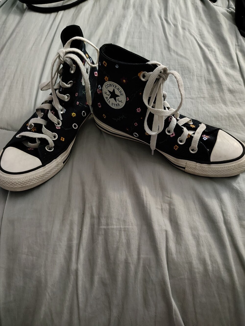 Converse Black High Top Lace-Up Boots with Multicolor Flower Accents